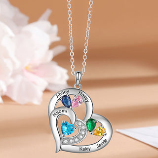 Silver Plated Engraved Birthstone Double Heart with CZ Necklace