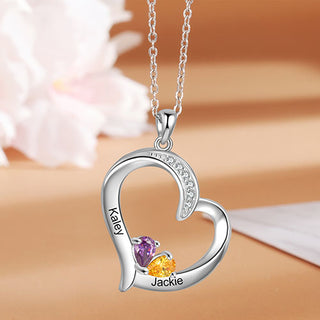 Silver Plated Engraved 2 Birthstone CZ Open Heart Necklace