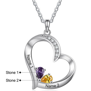 Silver Plated Engraved 2 Birthstone CZ Open Heart Necklace