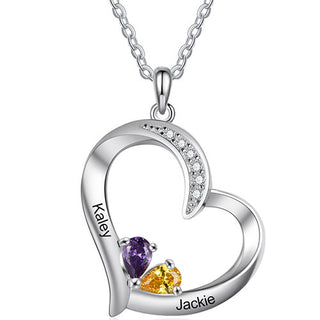 Silver Plated Engraved 2 Birthstone CZ Open Heart Necklace