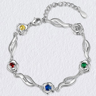 Silver Plated Engraved Scroll and Birthstone Flower Bracelet