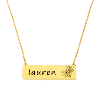 Sterling Silver Engraved Name and Birthflower Bar Necklace