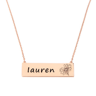 Sterling Silver Engraved Name and Birthflower Bar Necklace