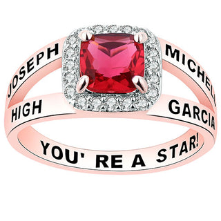Women's 14K Rose Gold Plated Split Band Square CZ Halo Birthstone Class Ring