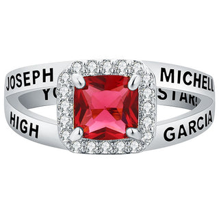 Women's Sterling Silver Split Band Square CZ Halo Birthstone Class Ring