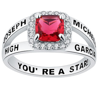 Women's Sterling Silver Split Band Square CZ Halo Birthstone Class Ring