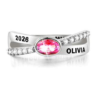 Women's Sterling Silver Crossover Oval Birthstone Fashion Freestyle Class Ring