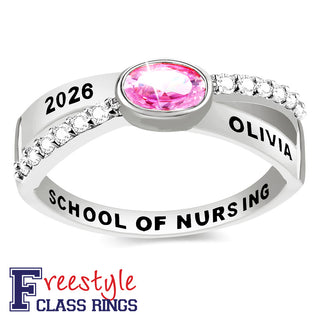 Ladies Platinum Plated Crossover Oval Birthstone Fashion Freestyle Class Ring