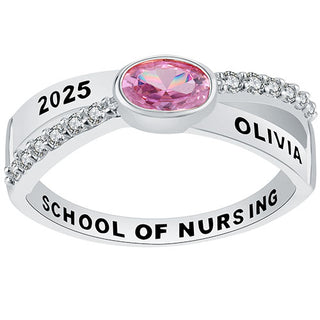 Ladies Platinum Plated Crossover Oval Birthstone Fashion Class Ring
