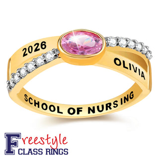 Ladies 14K Gold Plated Crossover Oval Birthstone Fashion Freestyle Class Ring