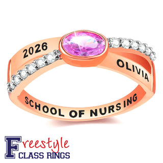Ladies 14K Rose Gold Plated Crossover Oval Birthstone Fashion Freestyle Class Ring