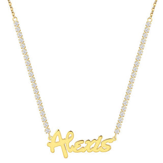 Bold Script Name Plaque CZ Chain Necklace