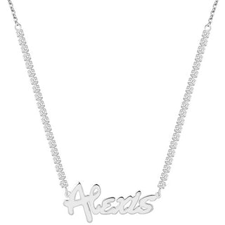 Bold Script Name Plaque CZ Chain Necklace