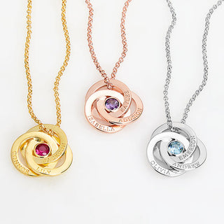 Engraved Interlocking Circles with Center Birthstone Necklace