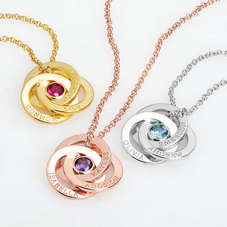 Engraved Interlocking Circles with Center Birthstone Necklace