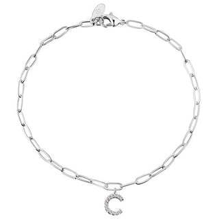 Sterling Silver CZ Initial Charm Paperclip Chain Bracelet