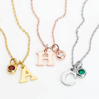 Sterling Silver Initial Charm and Birthstone Cluster Necklace