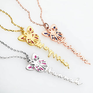 Birth Month Enamel Butterfly Vertical Name Necklace