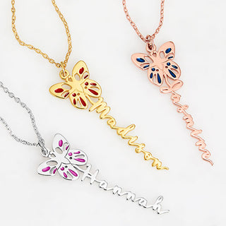 Birth Month Enamel Butterfly Vertical Name Necklace