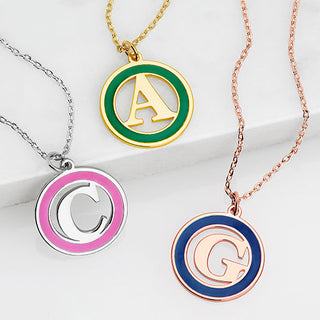 Circle with Enamel Frame and Initial Necklace