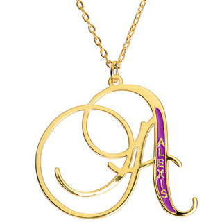 Fancy Script Initial with Enamel Name Necklace
