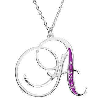 Fancy Script Initial with Enamel Name Necklace