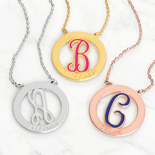 Enamel Initial and Engraved Name Disc Necklace