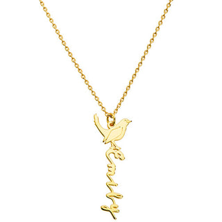 Sterling Silver Vertical Script Name with Birthmonth Bird Necklace