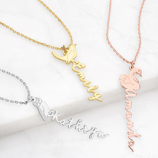 Personalized Vertical Script Name with Birthmonth Bird Necklace