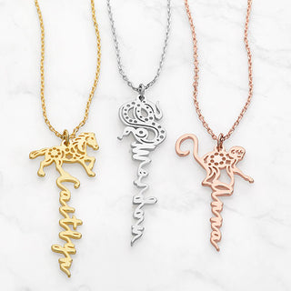 Sterling Silver Vertical Script Name with Chinese Zodiac Sign Necklace