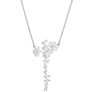 Sterling Silver Vertical Script Name with Birthmonth Flower Bouquet Necklace