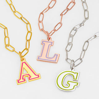 Enamel Outline Uppercase Initial Paperclip Chain Necklace
