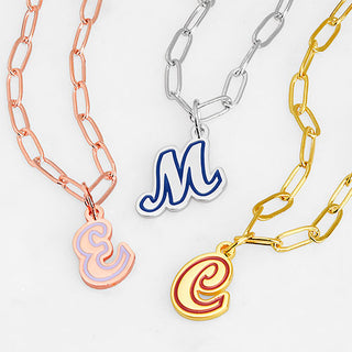 Enamel Outline Script Initial Paperclip Chain Necklace