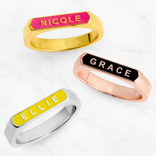14K Gold Plated Enamel Name Rectangle Ring