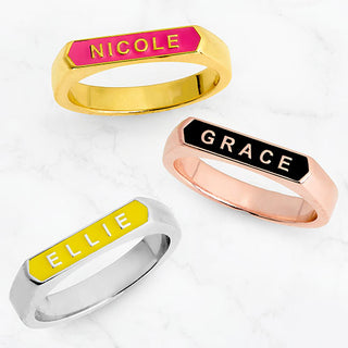 14K Rose Gold Plated Enamel Name Rectangle Ring
