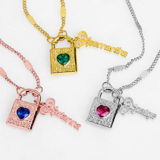 Filigree Birthstone Heart Lock with Name Key Necklace