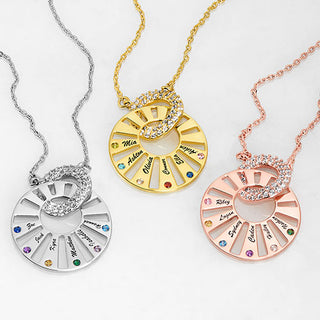 Sterling Silver Pave Interlocking Circles with Names and Birthstones Necklace