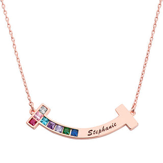 Sterling Silver Personalized Birthstone and Engraved Curved Bar Necklace
