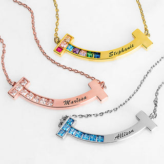 Sterling Silver Personalized Birthstone and Engraved Curved Bar Necklace