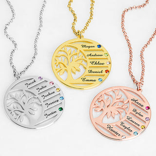 Sterling Silver Family Birthstone and Engraved Name Tree of Life Necklace