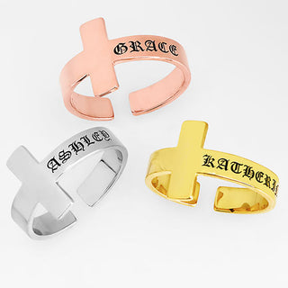 14K Rose Gold Plated Engraved Name Cross Ring
