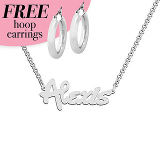 Sterling Silver Bold Script Name with Free Hoop Earrings