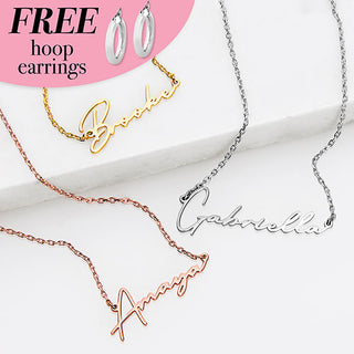 Sterling Silver Handwritten Script Name Plaque with Free Hoop Earrings