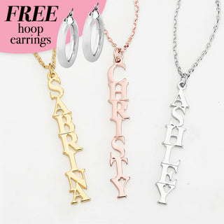 Sterling Silver Vertical Uppercase Name with Free Hoop Earrings