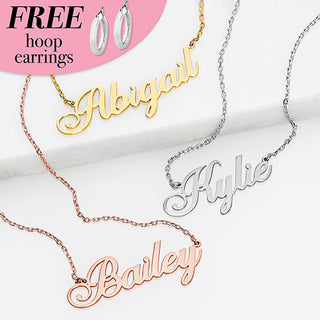 Sterling Silver Fancy Script Name Plaque with Free Hoop Earrings