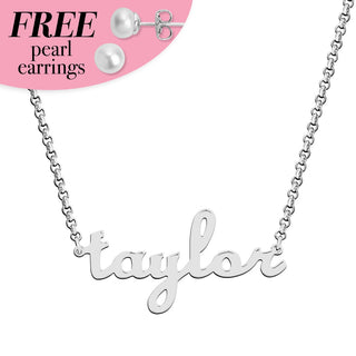 Sterling Silver Lowercase Script Name with Free Freshwater Pearl Earrings