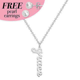 Sterling Silver Vertical Lowercase Script Name with Free Freshwater Pearl Earrings