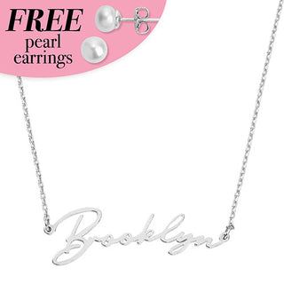 Sterling Silver Script Name Plaque with Free Fresh Water Pearl Earrings