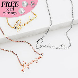 Sterling Silver Script Name Plaque with Free Fresh Water Pearl Earrings