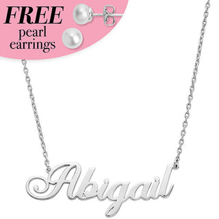 Sterling Silver Fancy Script Name Plaque with Free Fresh Water Pearl Earrings